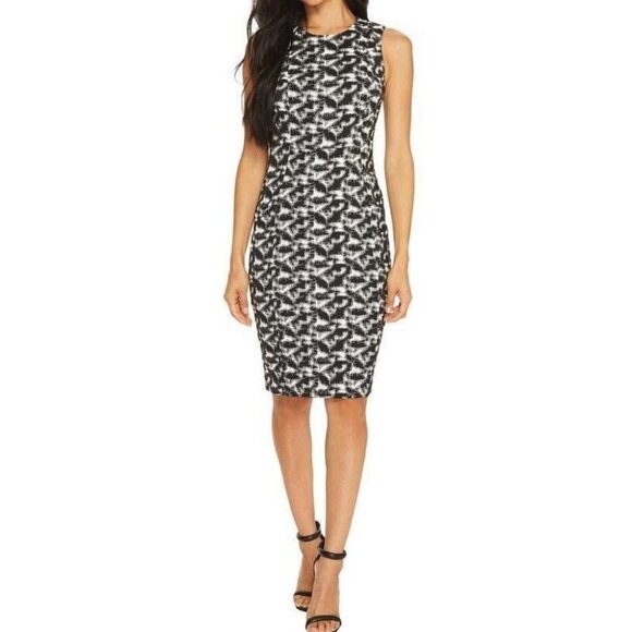 Calvin Klein Black + White Patterned Sleeveless Jacquard  Sheath Dress Sz 4 - Picture 1 of 16